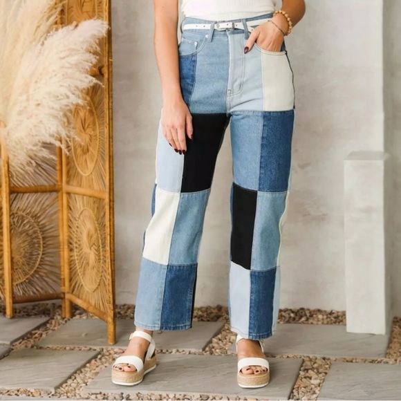 Signature 8 High Rise Straight Leg Patchwork Jeans 26 Small Western Boho Fall - Picture 1 of 7